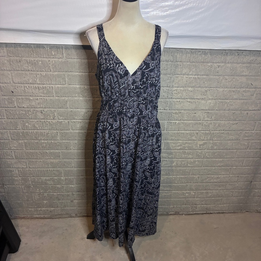 Universal Thread Navy White Floral Paisley V-Neck Open Back Maxi Dress XL Pocket